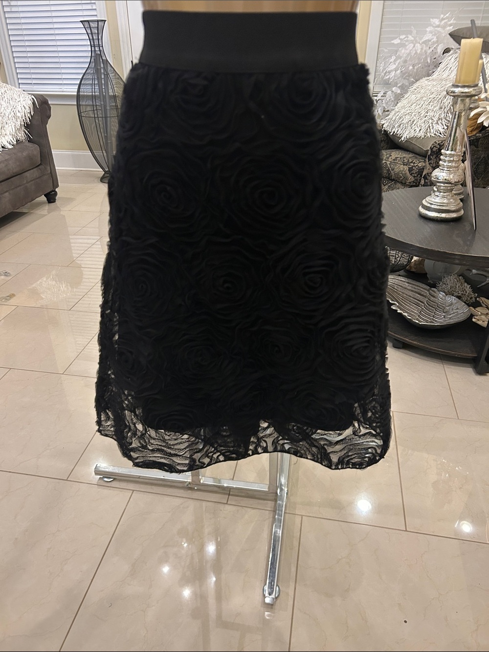 Black Floral Appliqué Midi Skirt